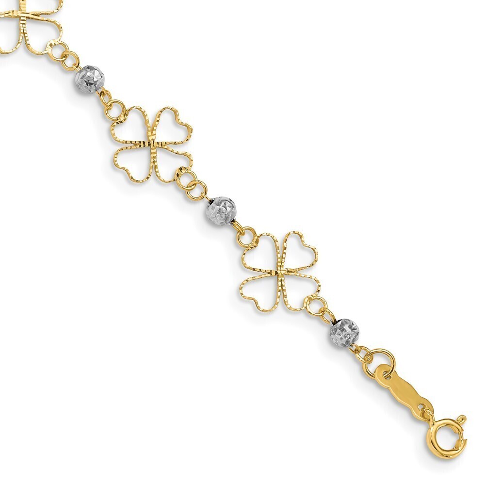 14k Yellow Gold Two-tone Diamond-cut Open Clovers & Beads Bracelet